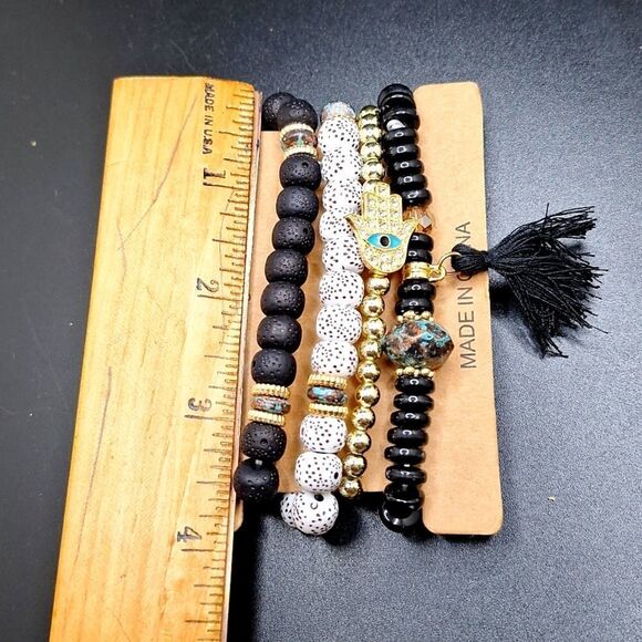 Boho Hamsa beaded layered bracelets evil eye protection with tassel - Picture 3 of 4